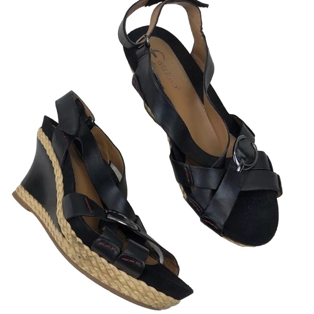 Earthies Sardinia Wedge Heels Sandals  Black Leather Womens Strappy Sz 10B